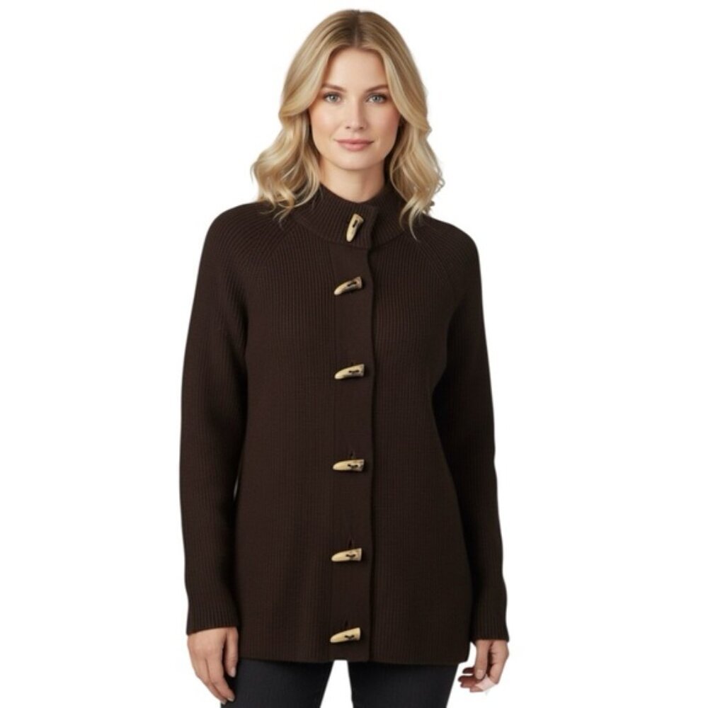 Jones NY Ribbed Wool Angora Cardigan Toggle Button Knit Sweater Jacket Top Tan M